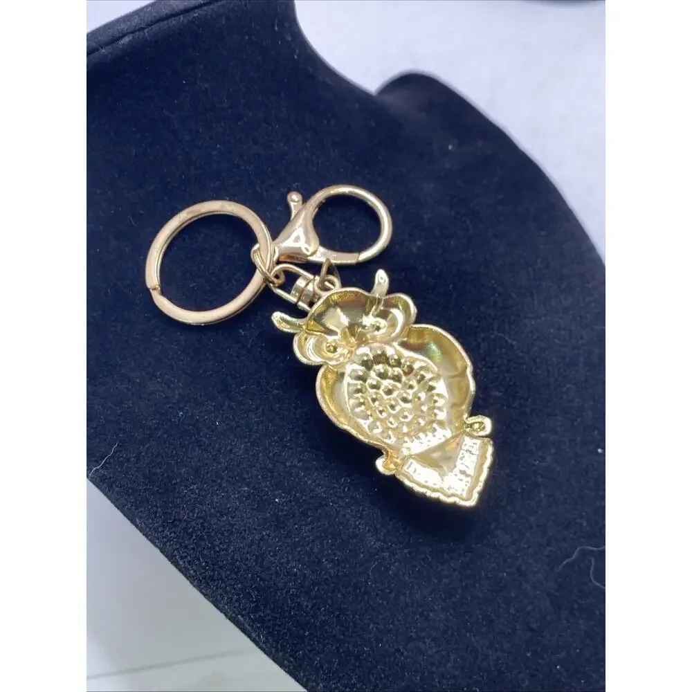 Womens Gold Tone Owl Key Chain Rhinestone Vintage
